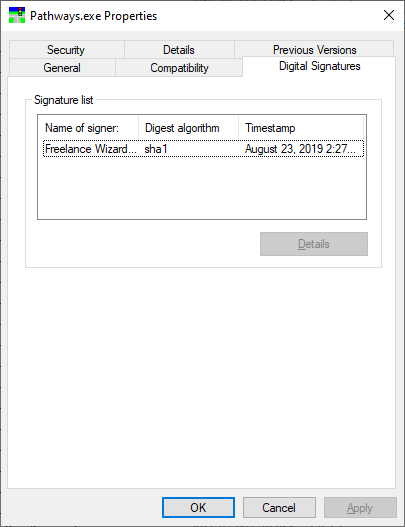 Pathways Digital Signature - example as seen on Windows in properties of file.